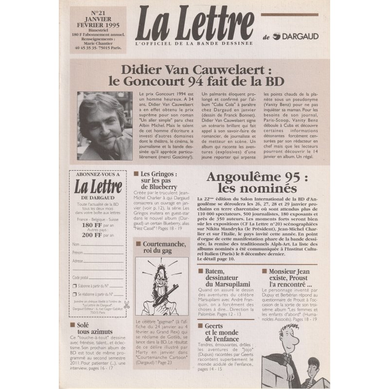 La lettre de Dargaud (21) - Didier Van Cauwelaert Le Goncourt 94 fait de la BD